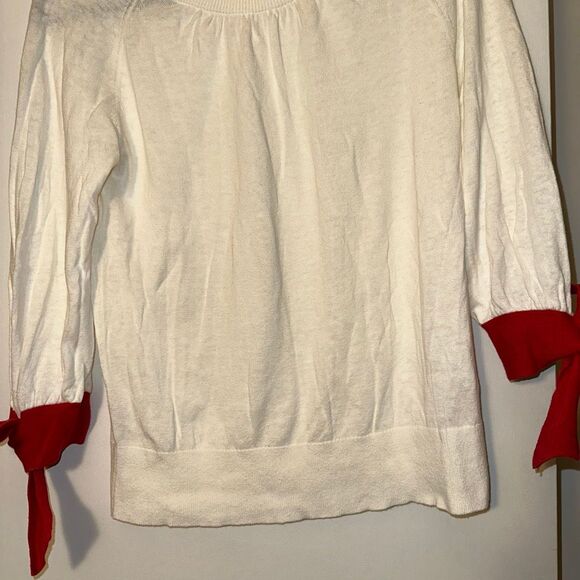 Boden Women’s Small Linen Blend Crew Sweater Cream Red 3/4 Bow Sleeves EUC - Picture 2 of 11